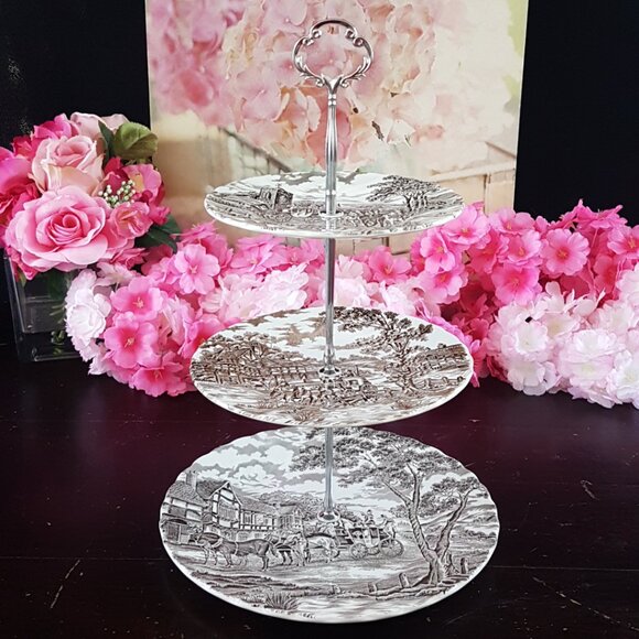 Handmade 3-Tier Brown Transferware Farmhouse Cake Stand Tea Party Christmas Gift - Picture 2 of 12